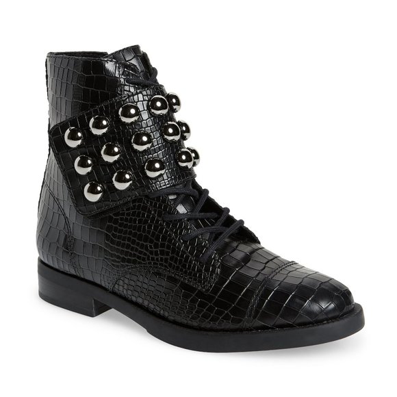 SCHUTZ Marieta Studded Embossed Leather Combat Ankle Boots - Picture 1 of 6